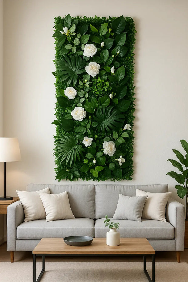 Künstliche Pflanzenwand Weiße Blumen Dschungel-Deko.de