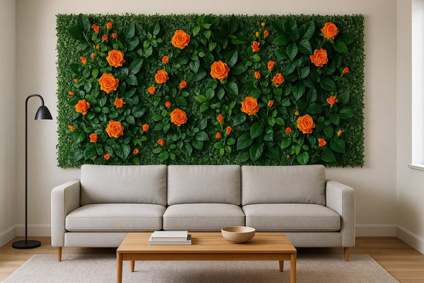 Künstliche grüne Wand mit orangefarbenen Blumen Dschungel-Deko.de