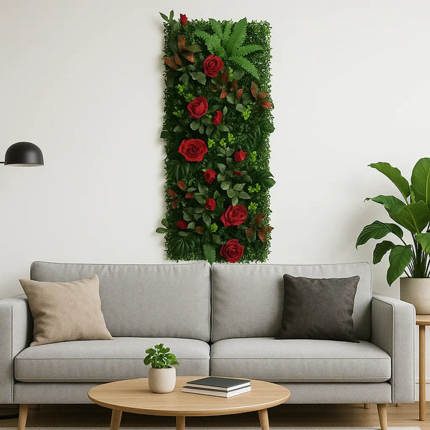 Künstliche Pflanzenwand mit roten Blumen Dschungel-Deko.de