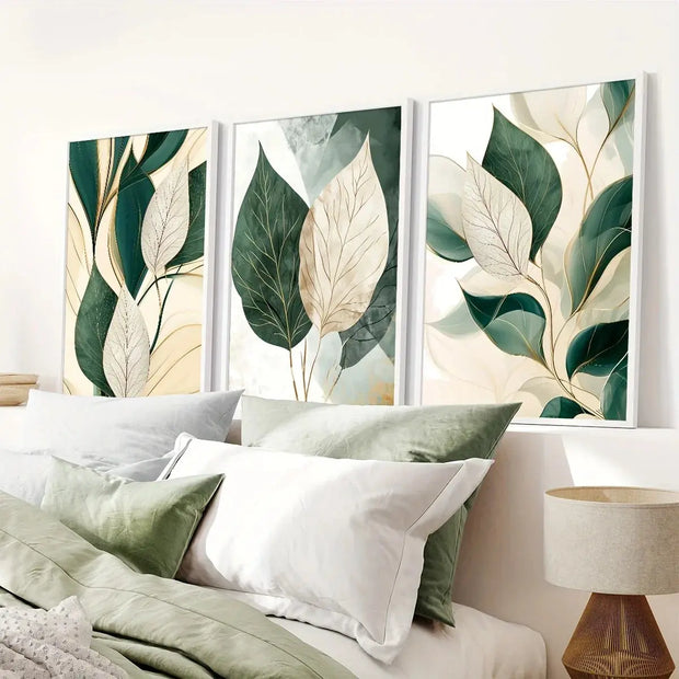 Grünes und beiges Blatt-Poster - 3er-Set Dschungel-Deko.de