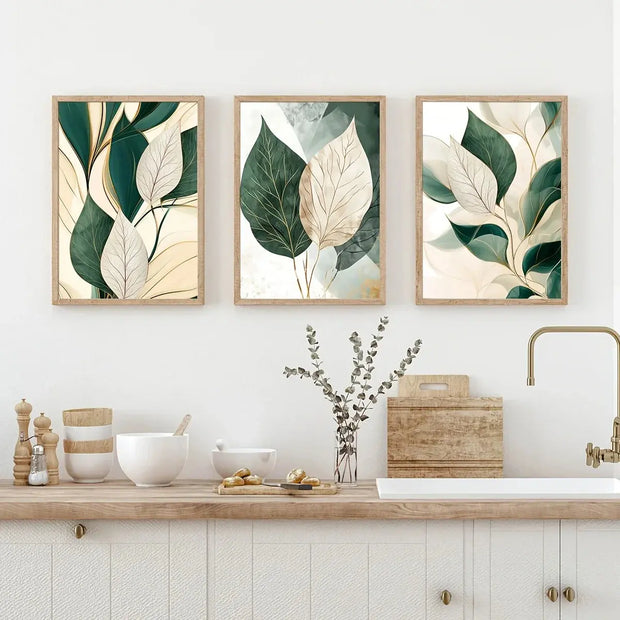 Grünes und beiges Blatt-Poster - 3er-Set Dschungel-Deko.de