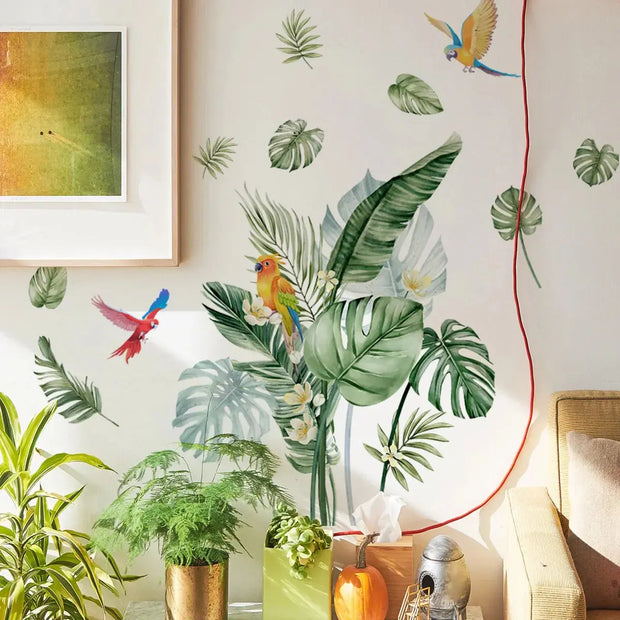 Tropische Blätter und Papagei Aufkleber Dschungel-Deko.de