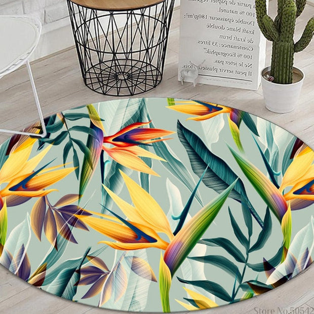 Tropischer Dschungel Teppich Rund Mit Paradiesvogel Motiv - Dschungel-Deko.de