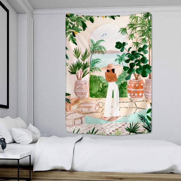 Wandbehang Tropische Frau Mit Landschaftsmotiv - Dschungel-Deko.de