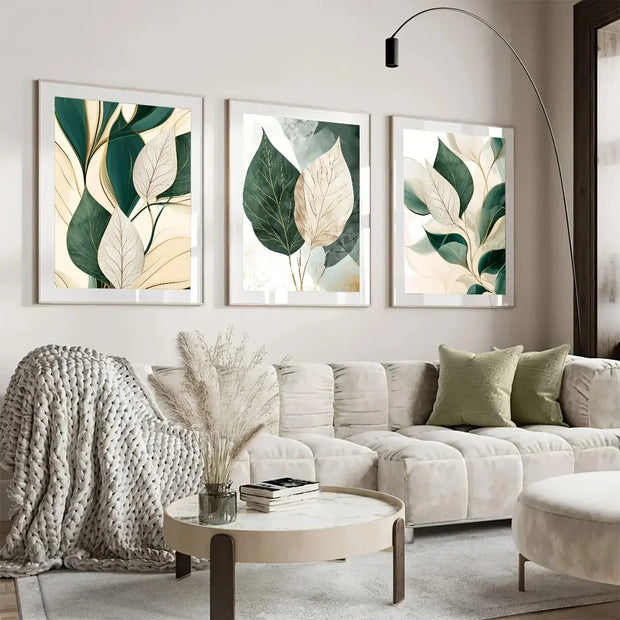 Grünes und beiges Blatt-Poster - 3er-Set Dschungel-Deko.de